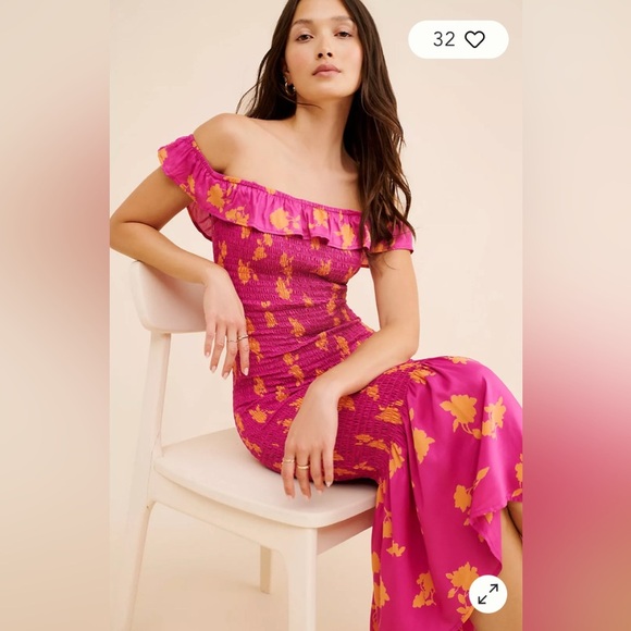 Anthropologie Smocked Off-The-Shoulder Midi Dress Sz M Pink Orange - Picture 7 of 9